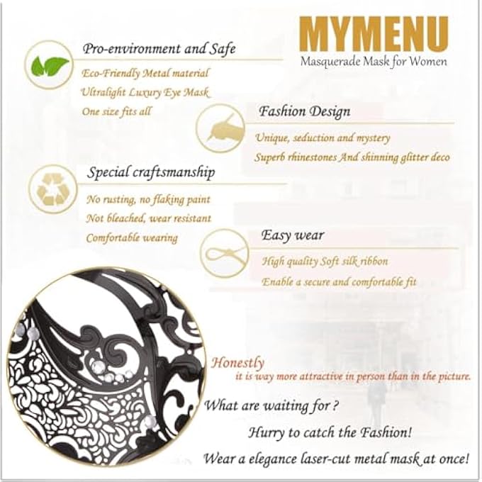 MYMENU MASQUERADE MASK FOR WOMEN, METAL LASER CUT MASQUERADE, FOR WOMEN VENETIAN PARTY, MARDI GRAS MASK, FOR PARTY PROM BALL - Image 2